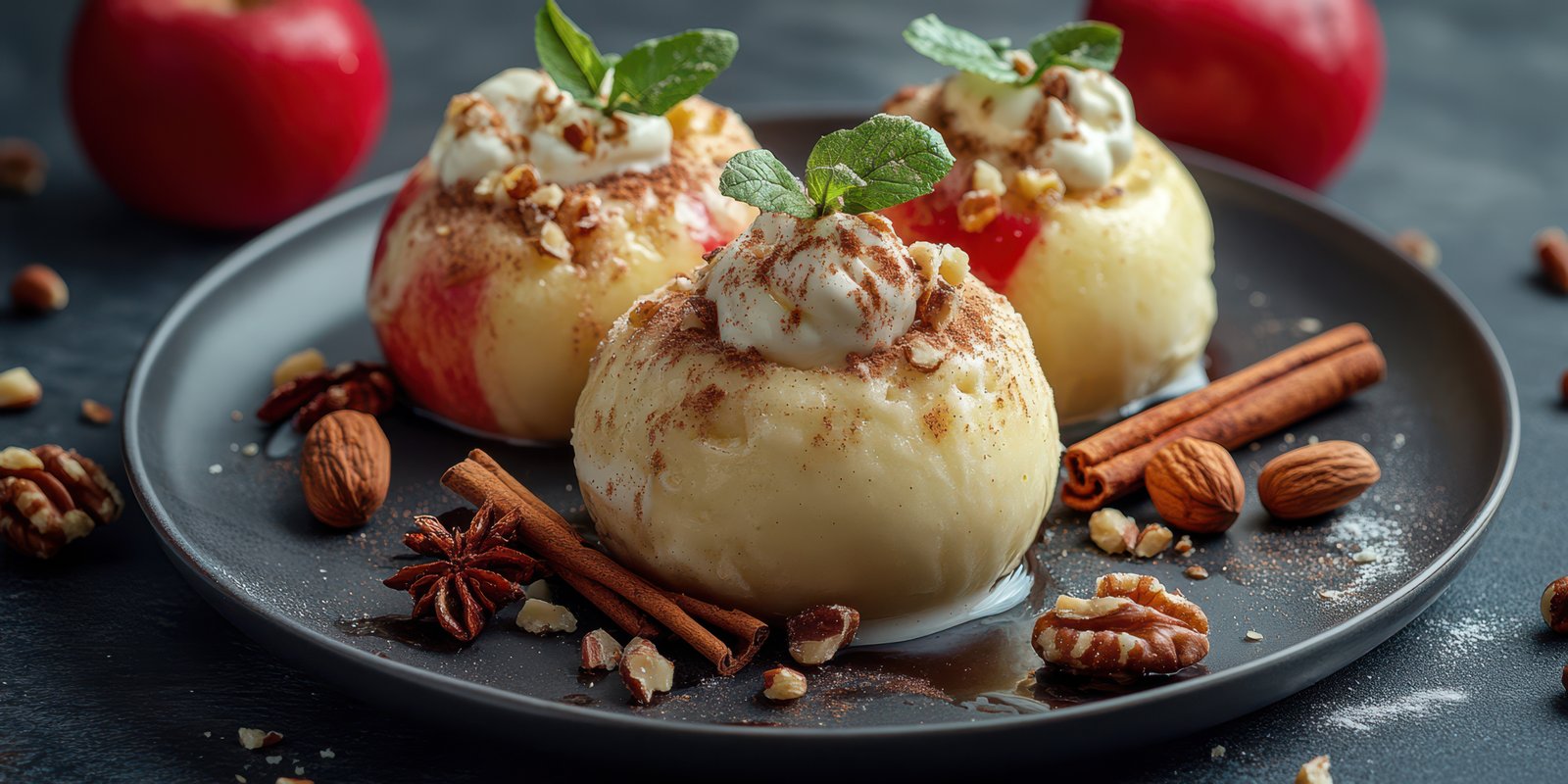 Delicious baked apples with caramel, nuts, and cream served on a black plate during a cozy autumn evening